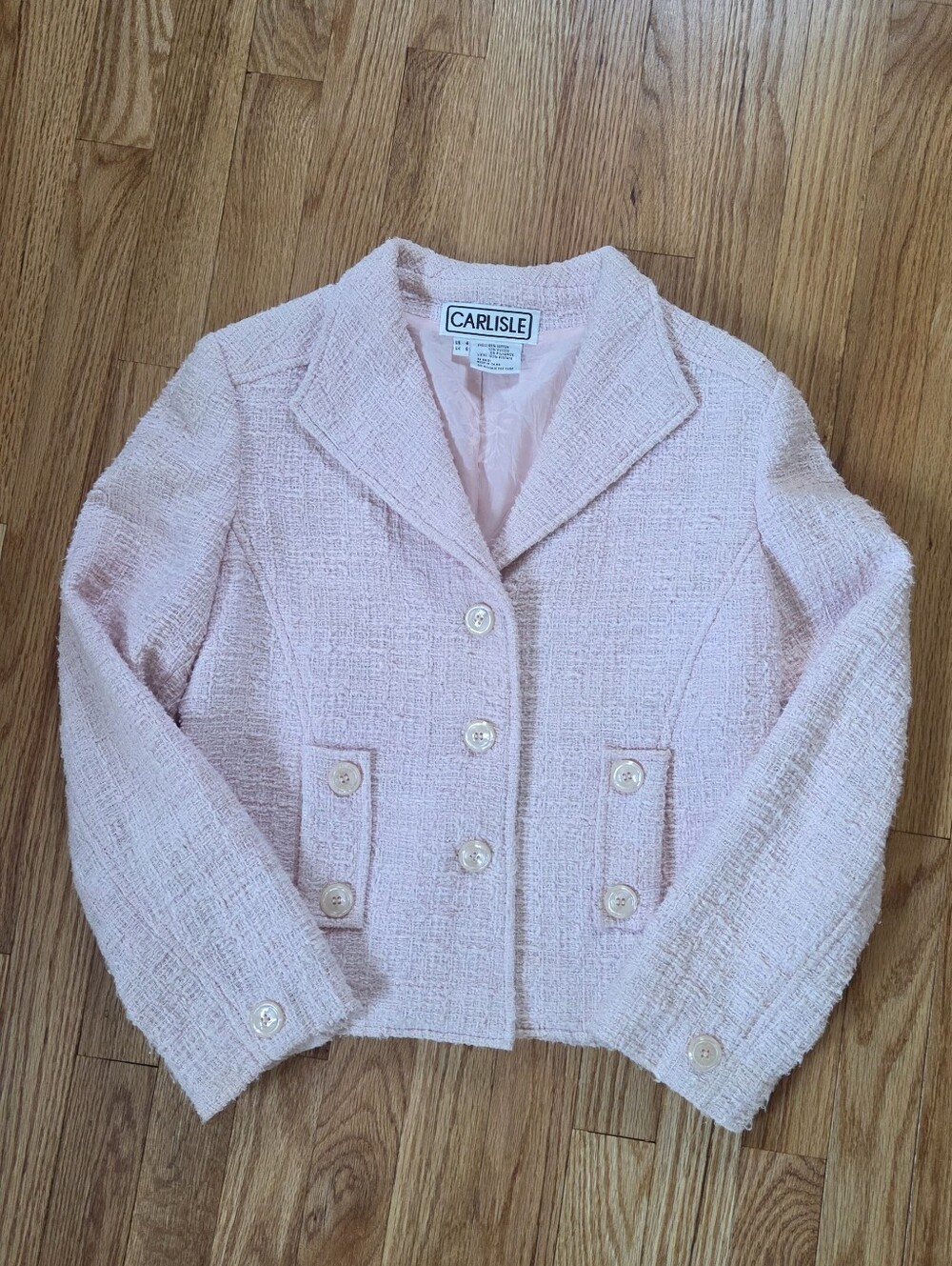 Chanel Style Crop Jacket Blazer in Pink Tweed Boucle with Weighted Chain Hem Sz6